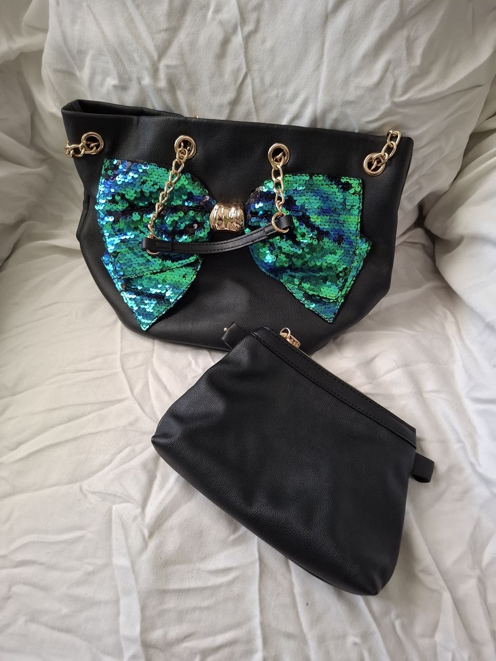 Black Tote Bag with Green-Blue Sequin Bow - Unbranded